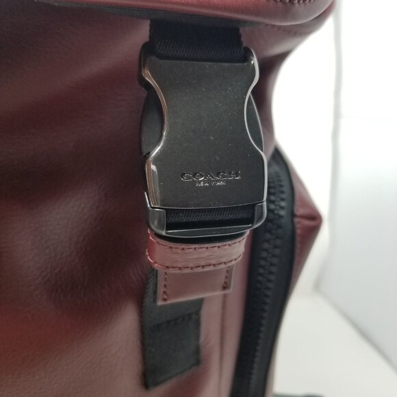 COACH Men's Burgundy Red & Black Leather Metal Buckle Drawstring Laptop Backpack - Picture 9 of 16